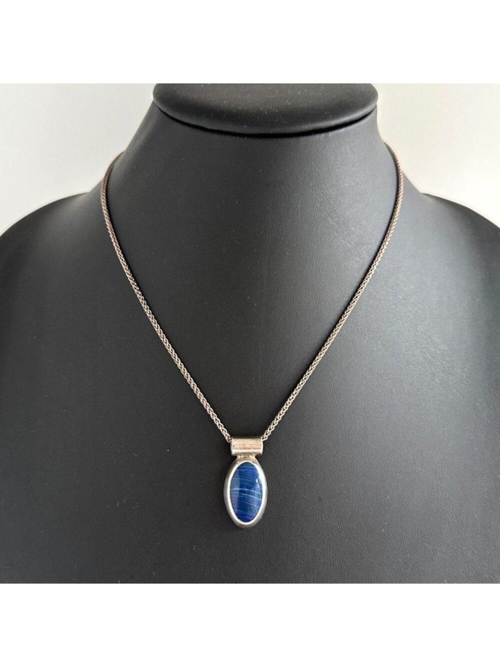 Vintage Mexico Sterling Silver Blue Art Glass Cabochon Pendant Modernist